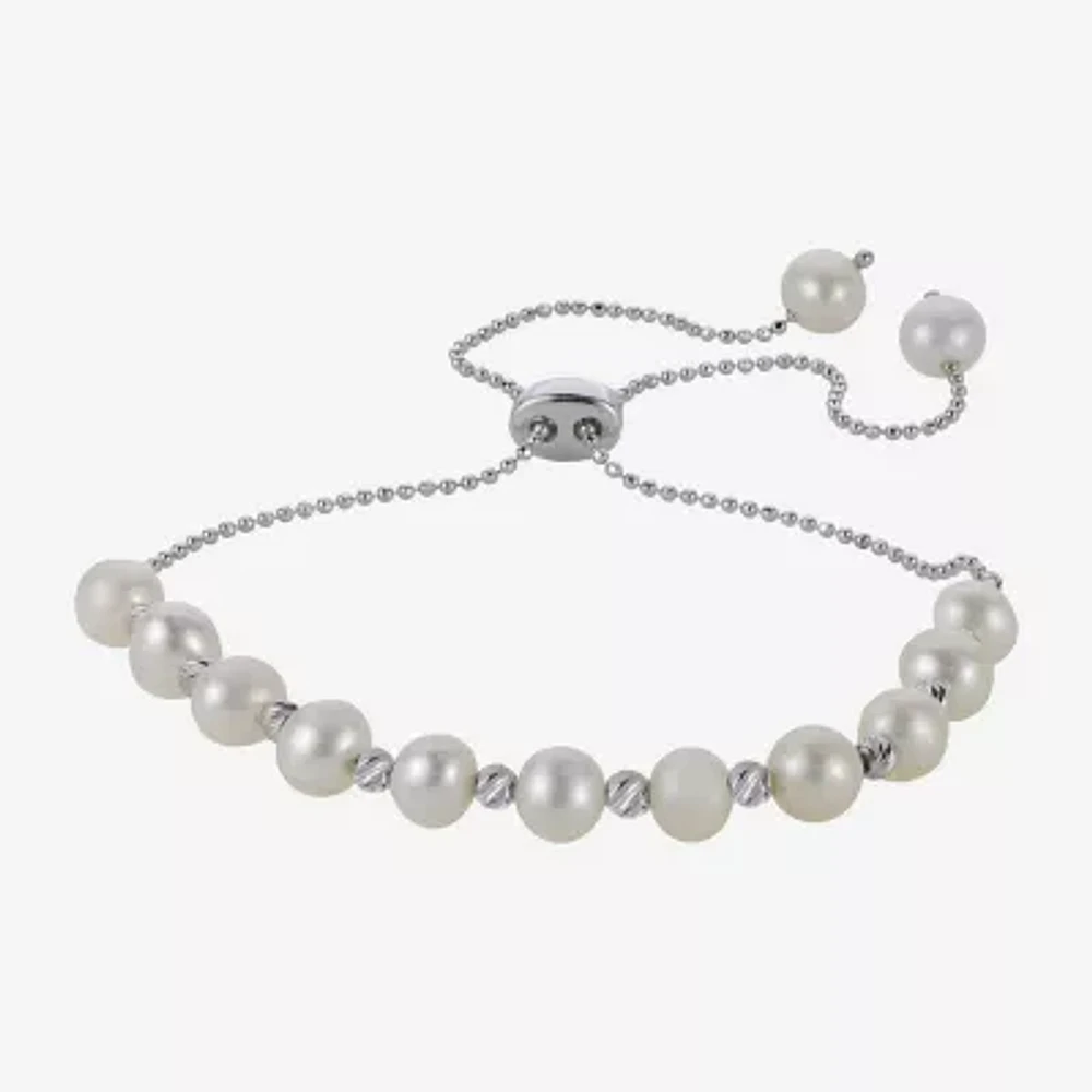 White Cultured Freshwater Pearl Sterling Silver Bolo Bracelet