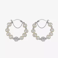 White Cultured Freshwater Pearl Sterling Silver 25mm Hoop Earrings