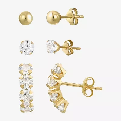 White Cubic Zirconia 10K Gold Round 3 Pair Earring Set