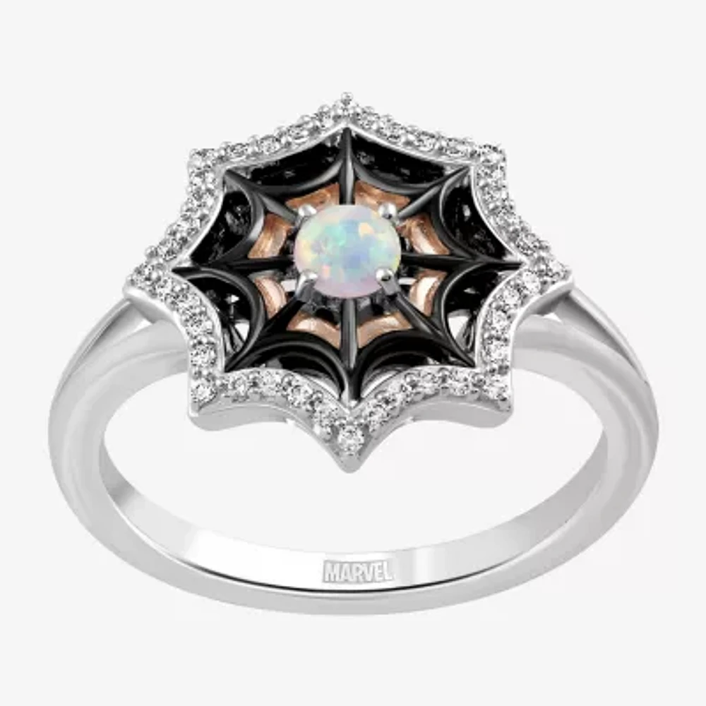 Marvel Fine Jewelry Womens 1/8 CT. T.W. Lab Created White Opal 14K Rose Gold Over Silver Spiderman Cocktail Ring
