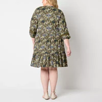 Frye and Co. Womens 3/4 Sleeve Floral Empire Waist Dress Plus