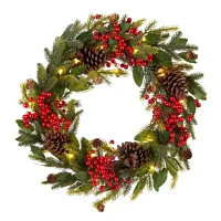North Pole Trading Co. "24"" Led Red Berry & Pinecone" Wreath