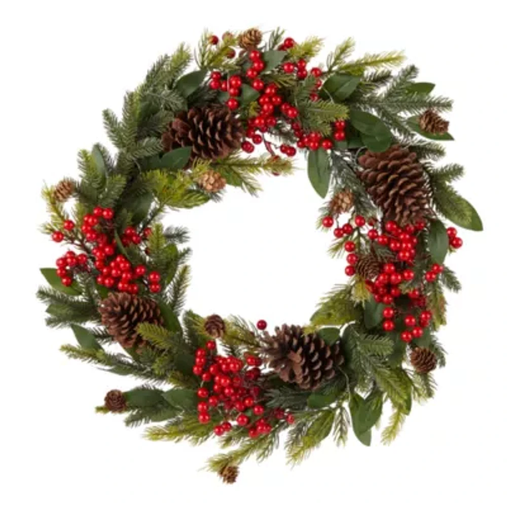 North Pole Trading Co. "24"" Led Red Berry & Pinecone" Wreath