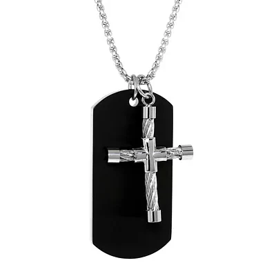 Mens Stainless Steel Cable Cross & Black IP Dog Tag Pendant Necklace