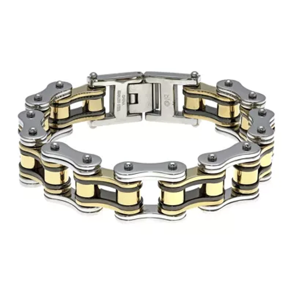 Mens Stainless Steel with Black & Gold-Tone IP Motorcycle Bracelet