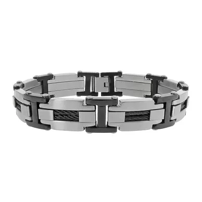 Mens Stainless Steel & Black IP Cable Link Bracelet