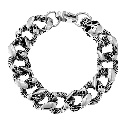 Mens Antique Finish Stainless Steel Skull Head Bracelet