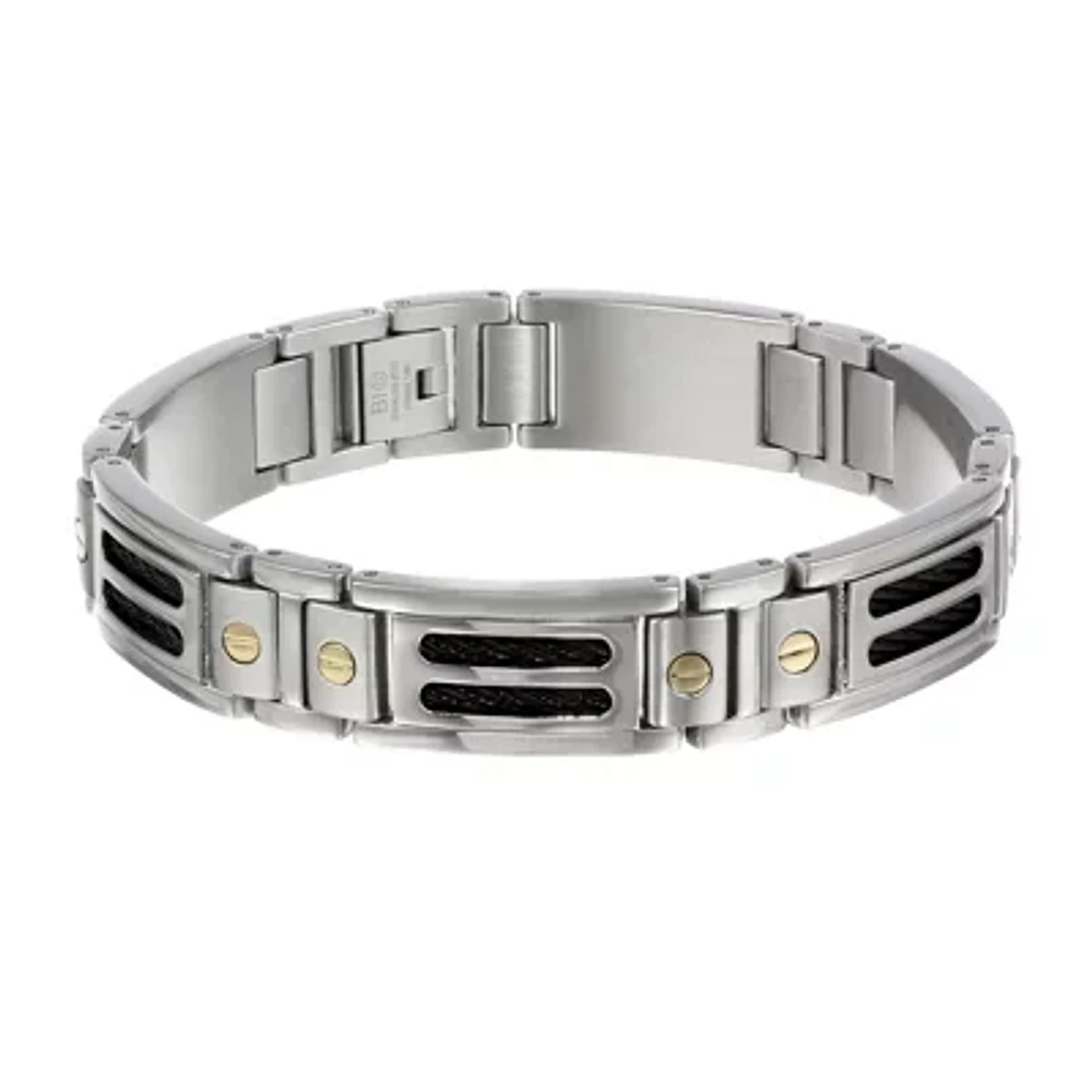 Mens 10K Gold, Stainless Steel & Black IP Cable Link Bracelet