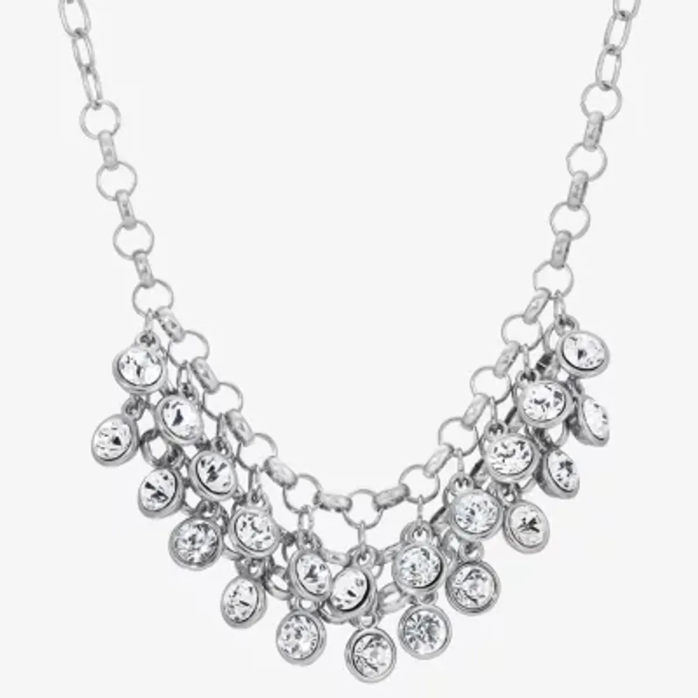 1928 Silver Tone Crystal 16 Inch Link Round Collar Necklace