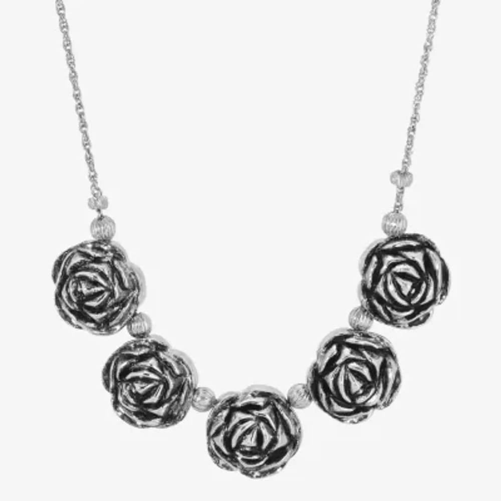 1928 Silver Tone 16 Inch Link Flower Collar Necklace