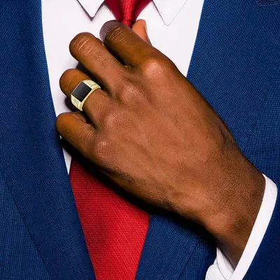 Mens Diamond Accent Genuine Black Onyx 10K Gold Fashion Ring