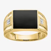 Mens Diamond Accent Genuine Black Onyx 10K Gold Fashion Ring