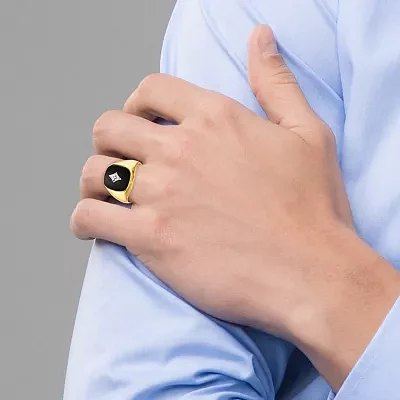 Mens Diamond Accent Genuine Black Onyx 10K Gold Fashion Ring