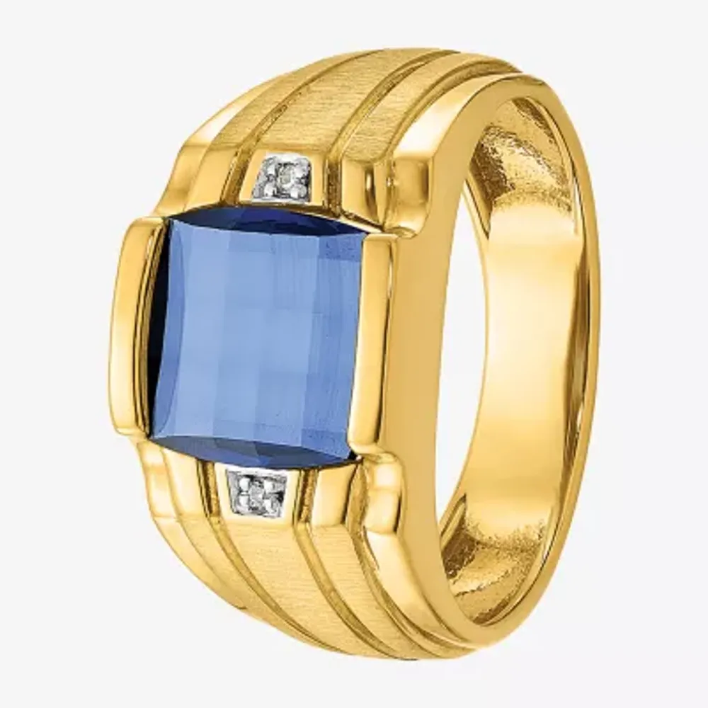 Mens Diamond Accent Lab Created Blue Sapphire 14K Gold Fashion Ring