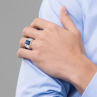 Mens Diamond Accent Lab Created Blue Sapphire 14K Gold Fashion Ring