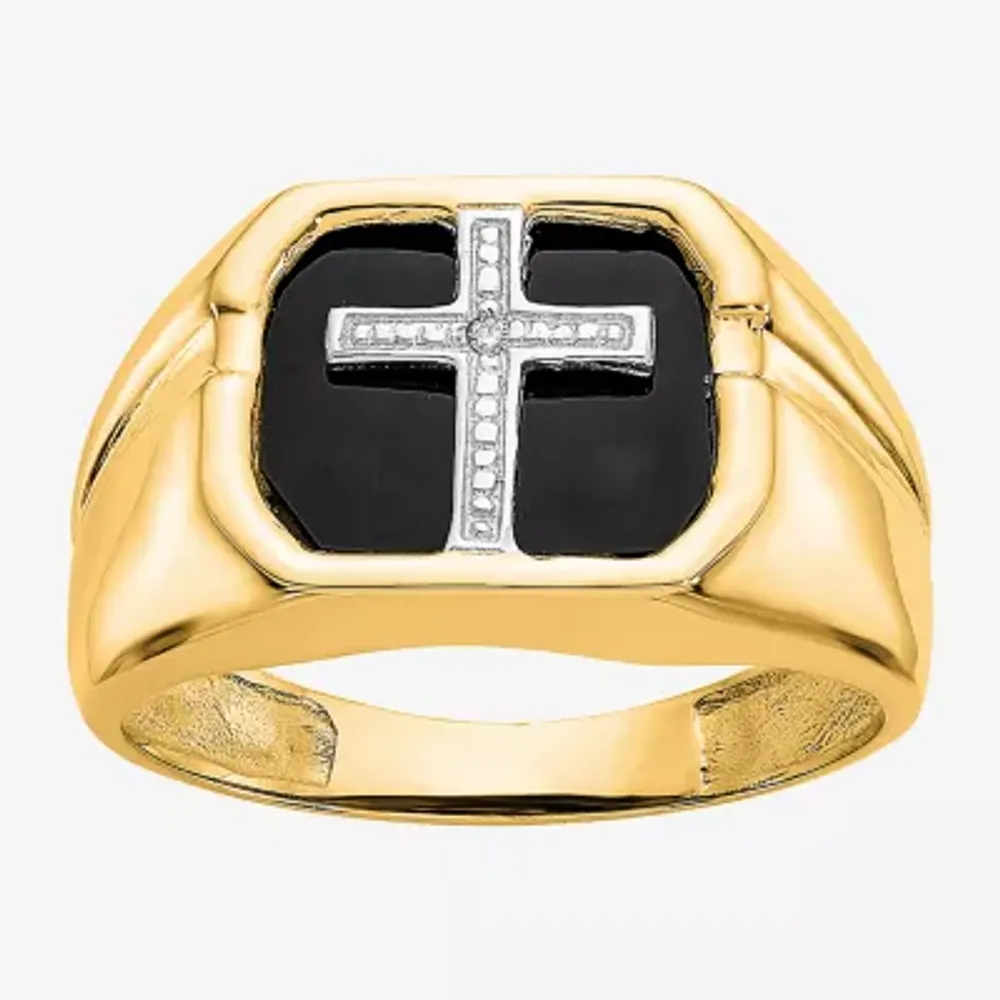 Mens Diamond Accent Genuine Black Onyx 14K Gold Cross Fashion Ring