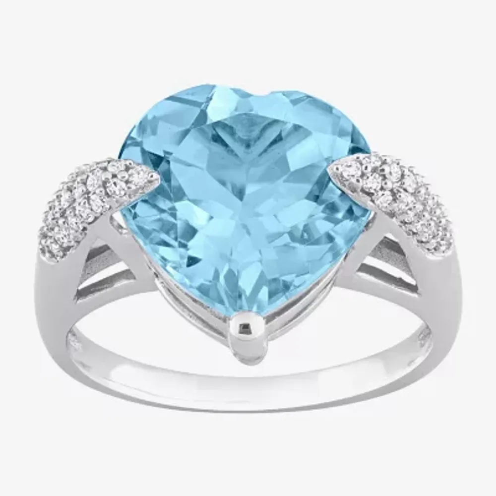 Womens Genuine Blue Topaz & 1/5 CT. T.W. Diamond 14K White Gold Heart Cocktail Ring