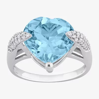 Womens Genuine Blue Topaz & 1/5 CT. T.W. Diamond 14K White Gold Heart Cocktail Ring