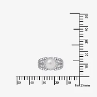 Diamonart® Cultured Freshwater Pearl and Cubic Zirconia Multi-Row Sterling Silver Ring