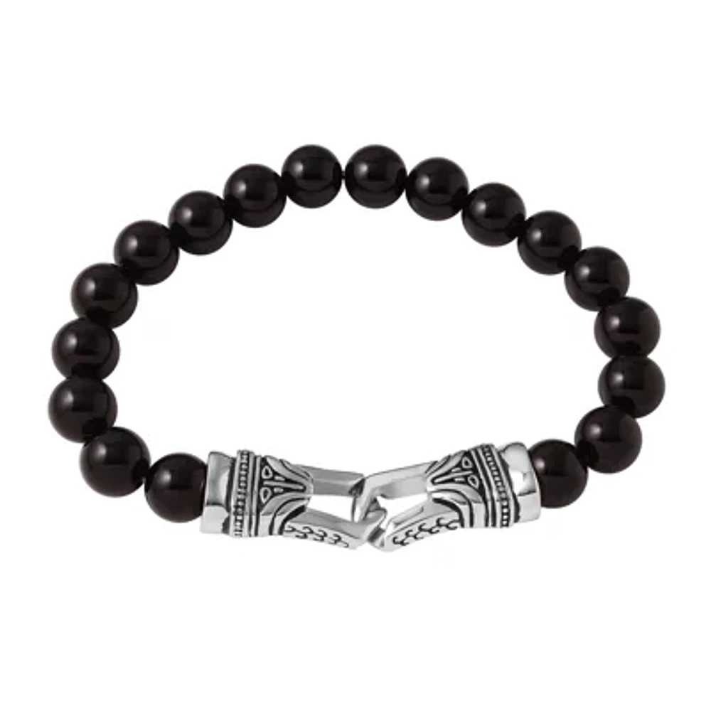 Mens Black Agate Bead and Stainless Steel Bracelet