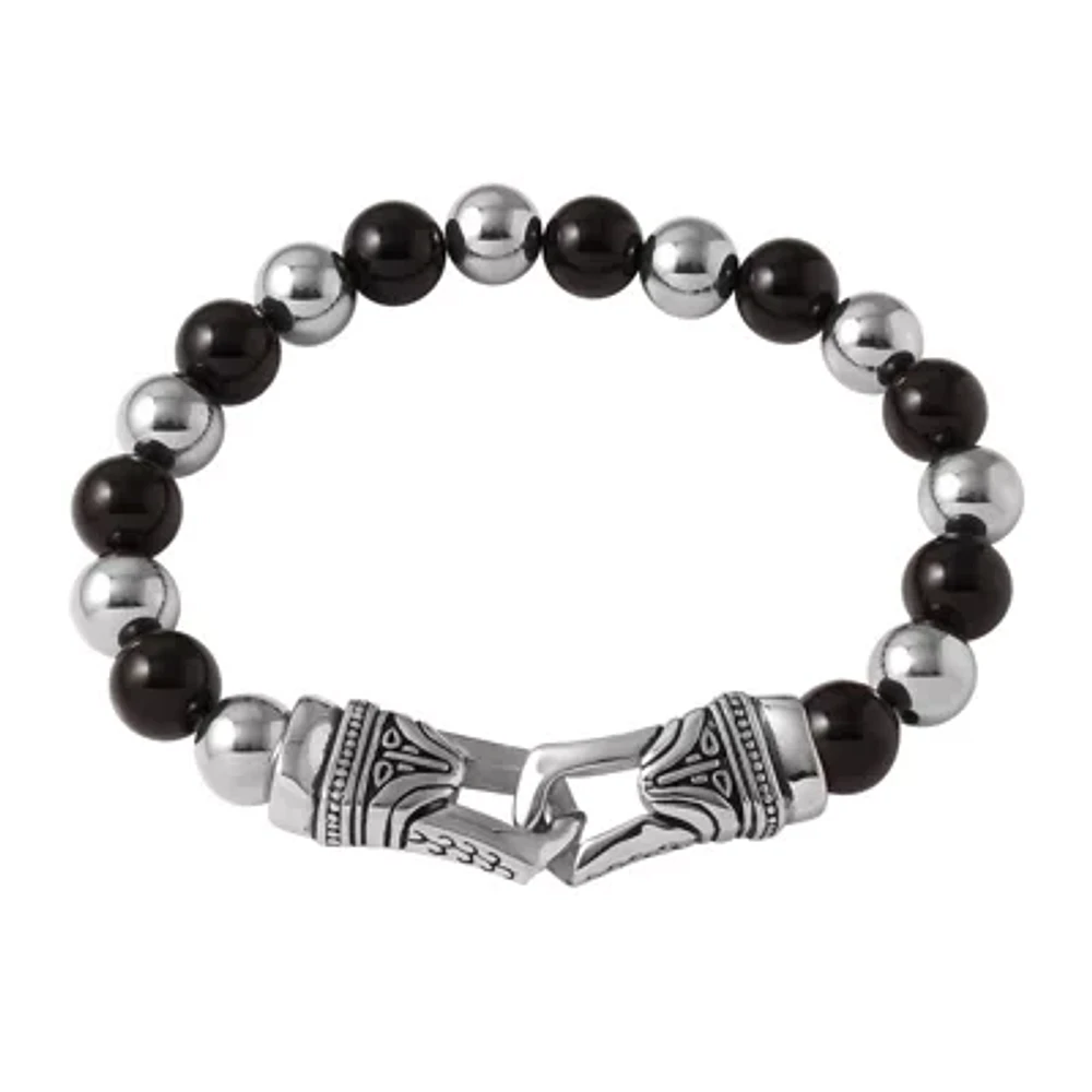 Mens Black Agate and Stainless Steel Bead Bracelet