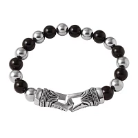 Mens Black Agate and Stainless Steel Bead Bracelet