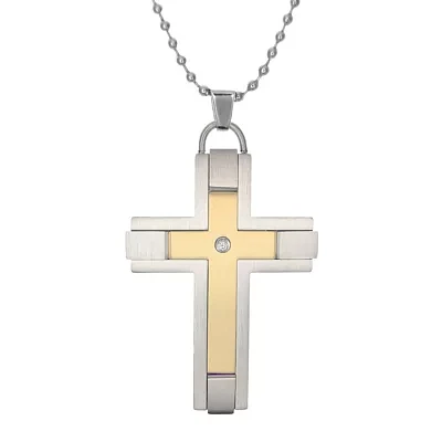 Mens Diamond-Accent Two-Tone Stainless Steel Cross Pendant Necklace