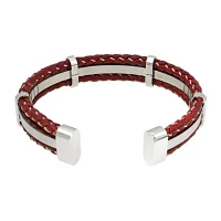 Mens Braided Brown Leather Stainless Steel Cuff Bracelet