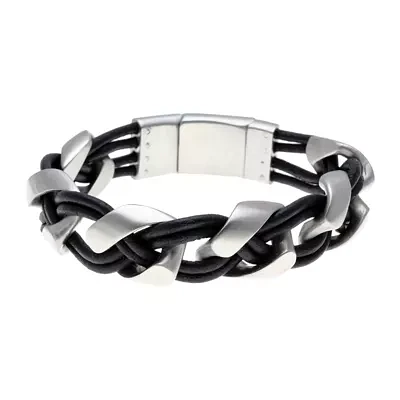 Mens Braided Black Leather Stainless Steel Bracelet