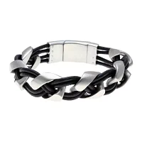 Mens Braided Black Leather Stainless Steel Bracelet