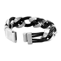 Mens Braided Black Leather Stainless Steel Bracelet