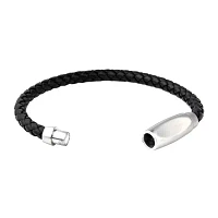 Mens Braided Black Leather Stainless Steel Bracelet