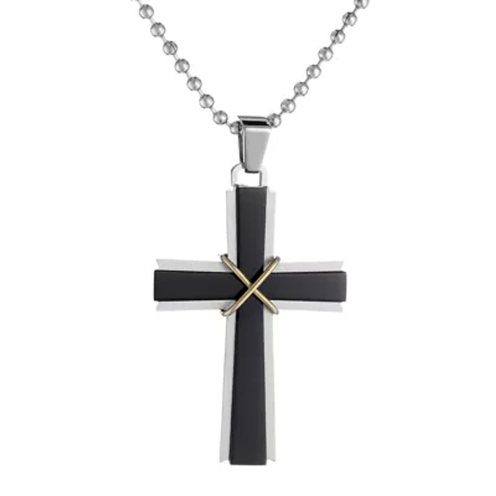 Mens Stainless Steel & Black IP Cross Pendant Necklace