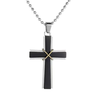 Mens Stainless Steel & Black IP Cross Pendant Necklace