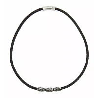 Mens Braided Black Leather Stainless Steel Necklace