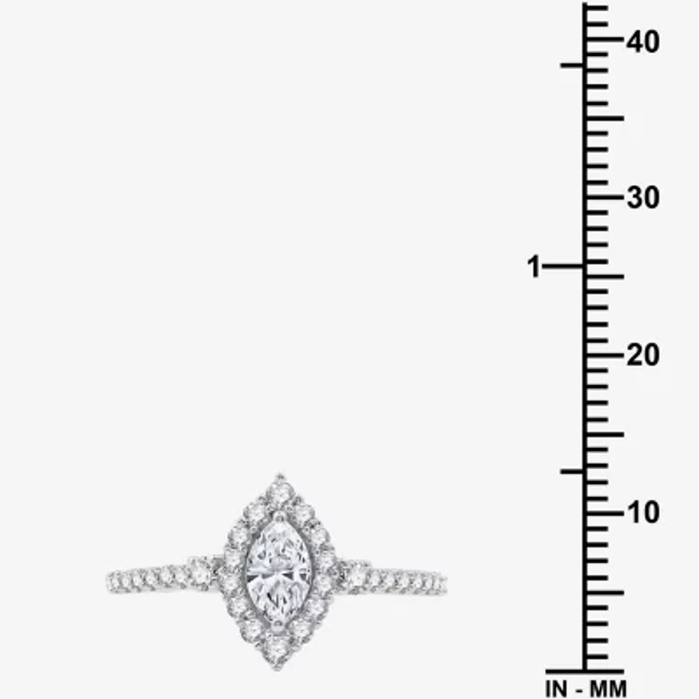 I Said Yes (H-I / I1) Womens 3/4 CT. T.W. Lab Grown White Diamond Sterling Silver Marquise Side Stone Halo Engagement Ring