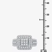 Womens 1 CT. T.W. Lab Grown White Diamond Sterling Silver Cushion Halo Side Stone Cocktail Ring