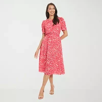 London Times Womens Short Sleeve Confetti Midi Fit + Flare Dress
