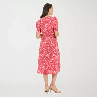 London Times Womens Short Sleeve Confetti Midi Fit + Flare Dress