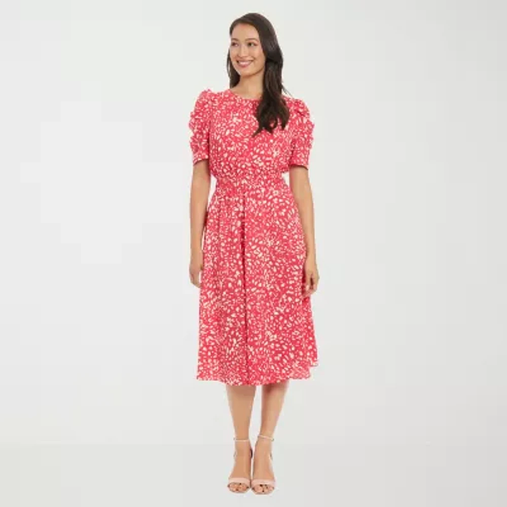 London Times Womens Short Sleeve Confetti Midi Fit + Flare Dress