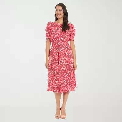 London Times Womens Short Sleeve Confetti Midi Fit + Flare Dress