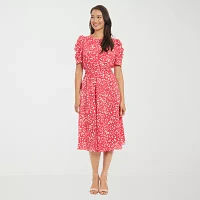 London Times Womens Short Sleeve Confetti Midi Fit + Flare Dress