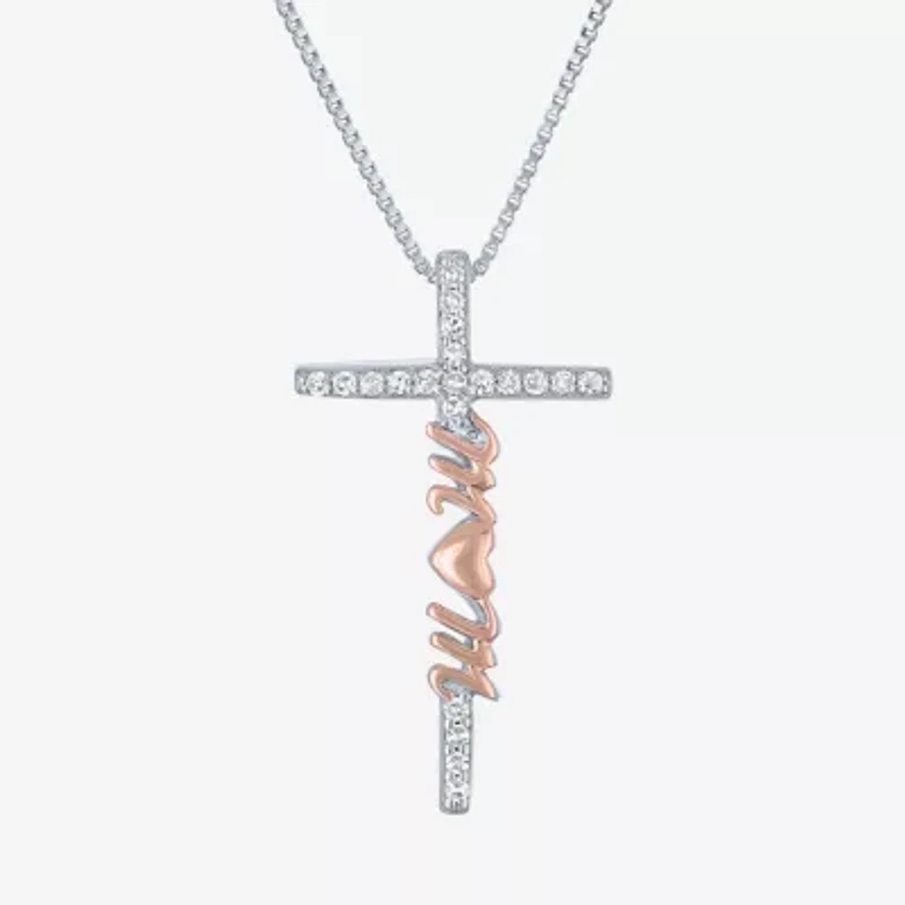 "Mom" (G-H / Si2 I1) Womens 1/10 CT. T.W. Lab Grown White Diamond 14K Rose Gold Over Silver Sterling Silver Cross 18 Inch Pendant Necklace