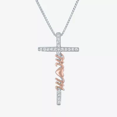 "Mom" (G-H / Si2 I1) Womens 1/10 CT. T.W. Lab Grown White Diamond 14K Rose Gold Over Silver Sterling Silver Cross 18 Inch Pendant Necklace