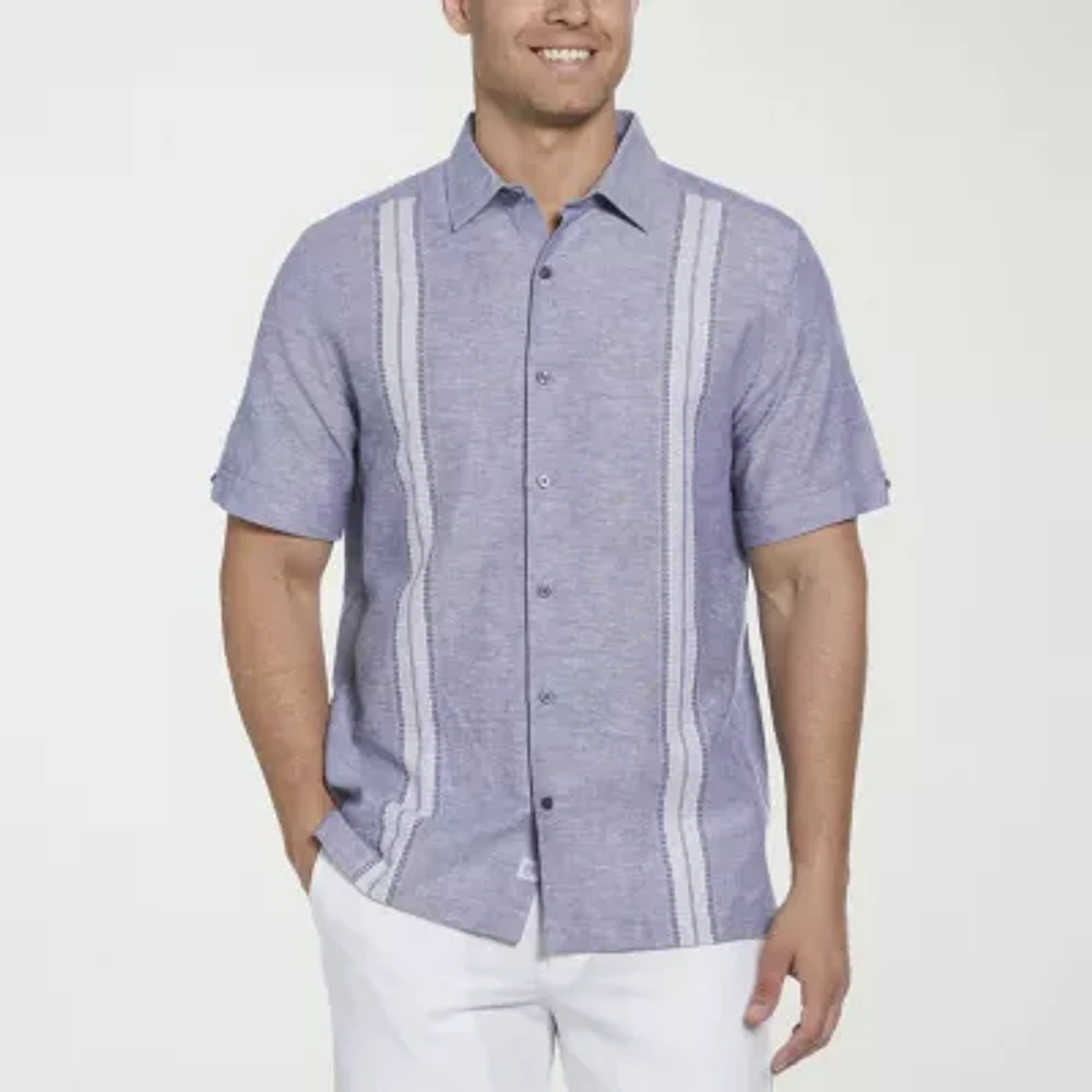 Cubavera Yarn Dye Panel Mens Regular Fit Short Sleeve Button-Down Shirt