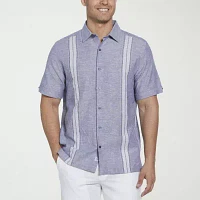 Cubavera Yarn Dye Panel Mens Regular Fit Short Sleeve Button-Down Shirt