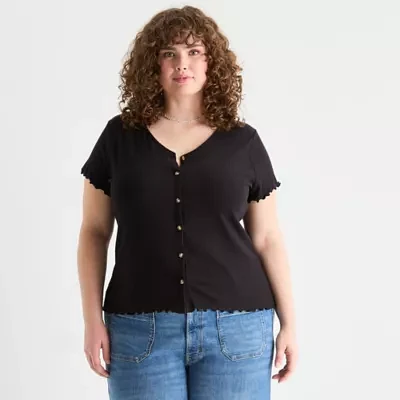 a.n.a Plus Ribbed Womens Short Sleeve Regular Fit Button-Down Shirt