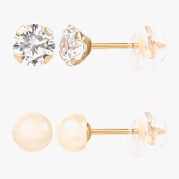 White Cubic Zirconia 14K Gold Round 2 Pair Earring Set