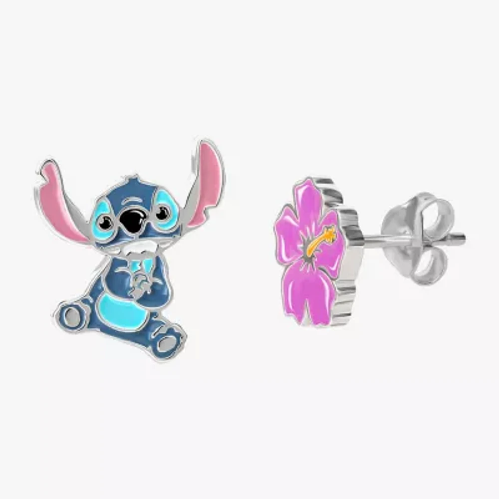 Disney Collection Sterling Silver 12.8mm Flower Lilo & Stitch Stitch Stud Earrings