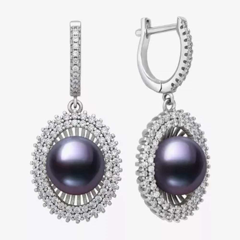 Womens Black Cultured Freshwater Pearl Sterling Silver Round Drop Earrings